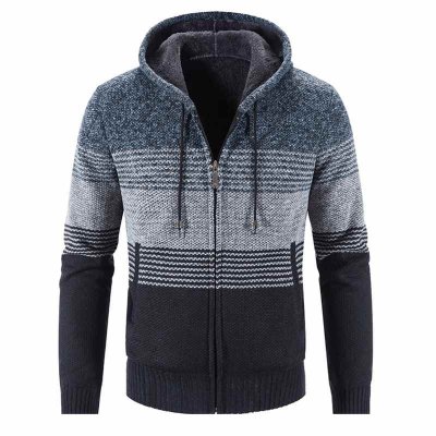 Autumn Winter Knitted Hooded Cardigan Men Swaters Long Sleeve Mens Striped Sweaters Thick Warm Plus Velvet Hoodie Sweater Hombre