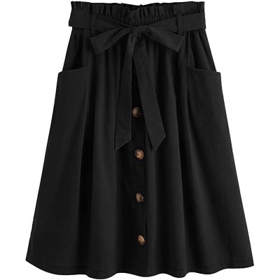 Women's Casual High Waist Pleated A-Line Midi Skirt with Pocket