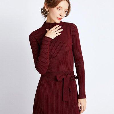 Turtleneck Long Women Dress 2020 Autumn Winter Warm Dress With Sashes A Line Knitted Pullover Sweater Dresses Pull Femme