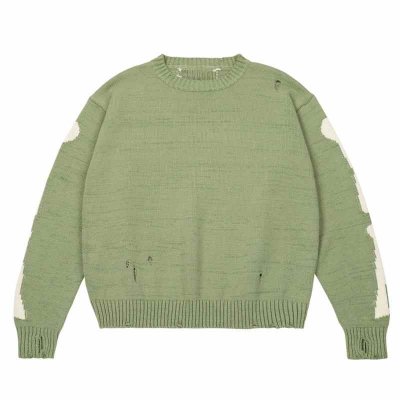 Men Oversized Sweater Green Loose Skeleton Bone Printing Woman High Quality High Street Damage Hole Vintage 1:1 Knitted Sweater