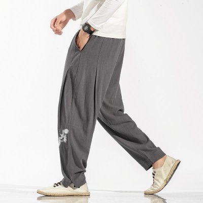 Chinese Style Mens Vintage Wide Leg Pants Male 2020 Oversize Loose Embroidery Trousers Men Spring New Elastic Harem Pants