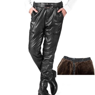 Winter Thick Warm Faux Leather Pants For Men Loose PU Leather Fleece Pants Fashion Motorcycle Joggers Windproof Trousers
